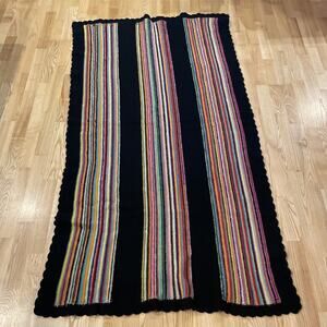 Vintage Rainbow Hand Crochet Knitted Afghan Blanket 69”x38” Quilt Scalloped Edge